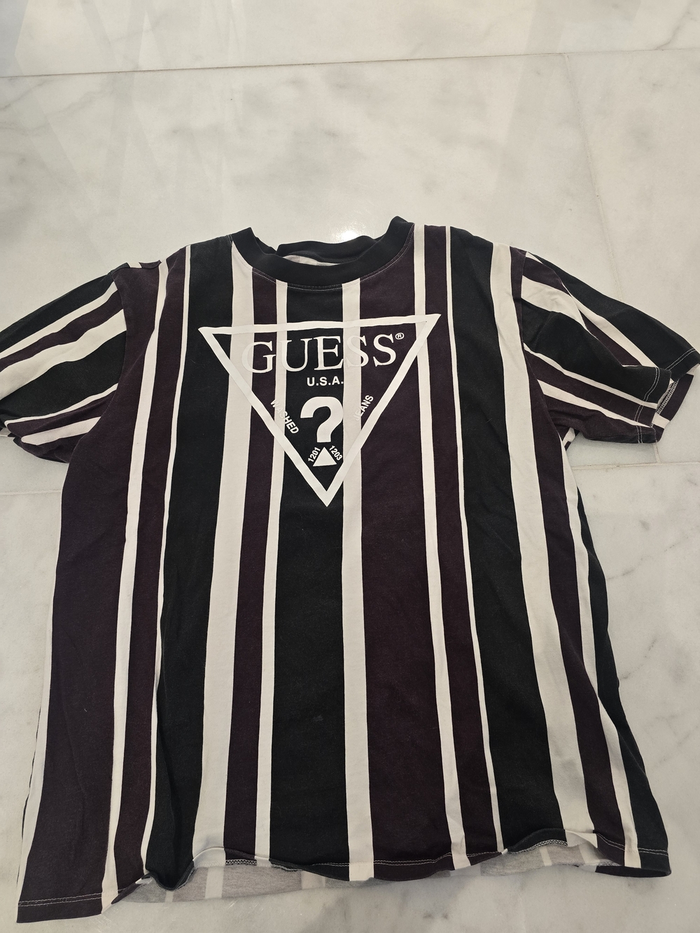 GUESS Striped Logo Tee in Black and White